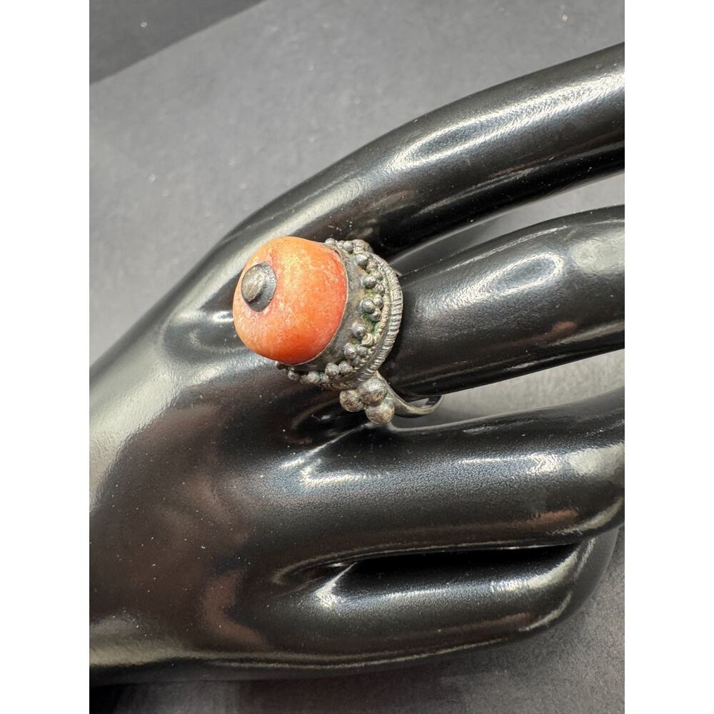 Vintage Bawsani Yemen Tribal Silver Tone Red Coral 12.5mm Statement Ring Sz 7.75